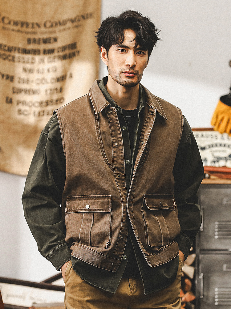 美式重磅複古工裝馬甲男秋季潮牌戶外釣魚機能無袖坎肩夾克男外套