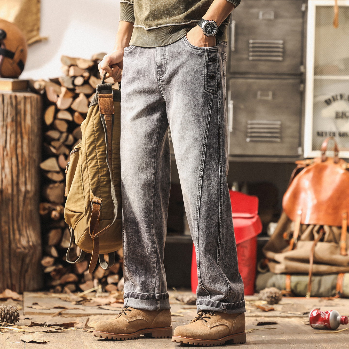美式復古菸灰色牛仔褲男直筒2025新款工裝褲子男秋季潮牌休閒長褲