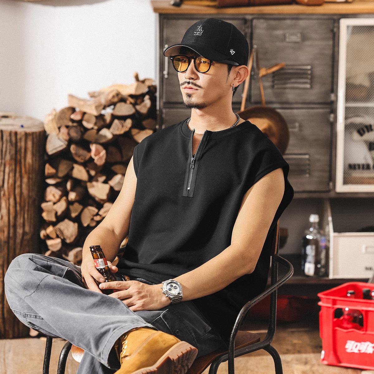 夏季新款半拉鍊痞帥運動健身背心男寬鬆潮牌華夫格肌理感男士T恤