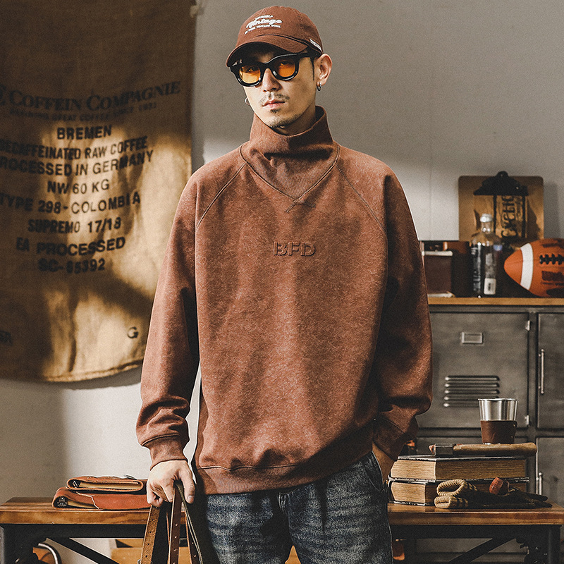 杰雷諾美式重磅衛衣男秋冬款高領紮染復古立體鋼印加絨外套男冬季