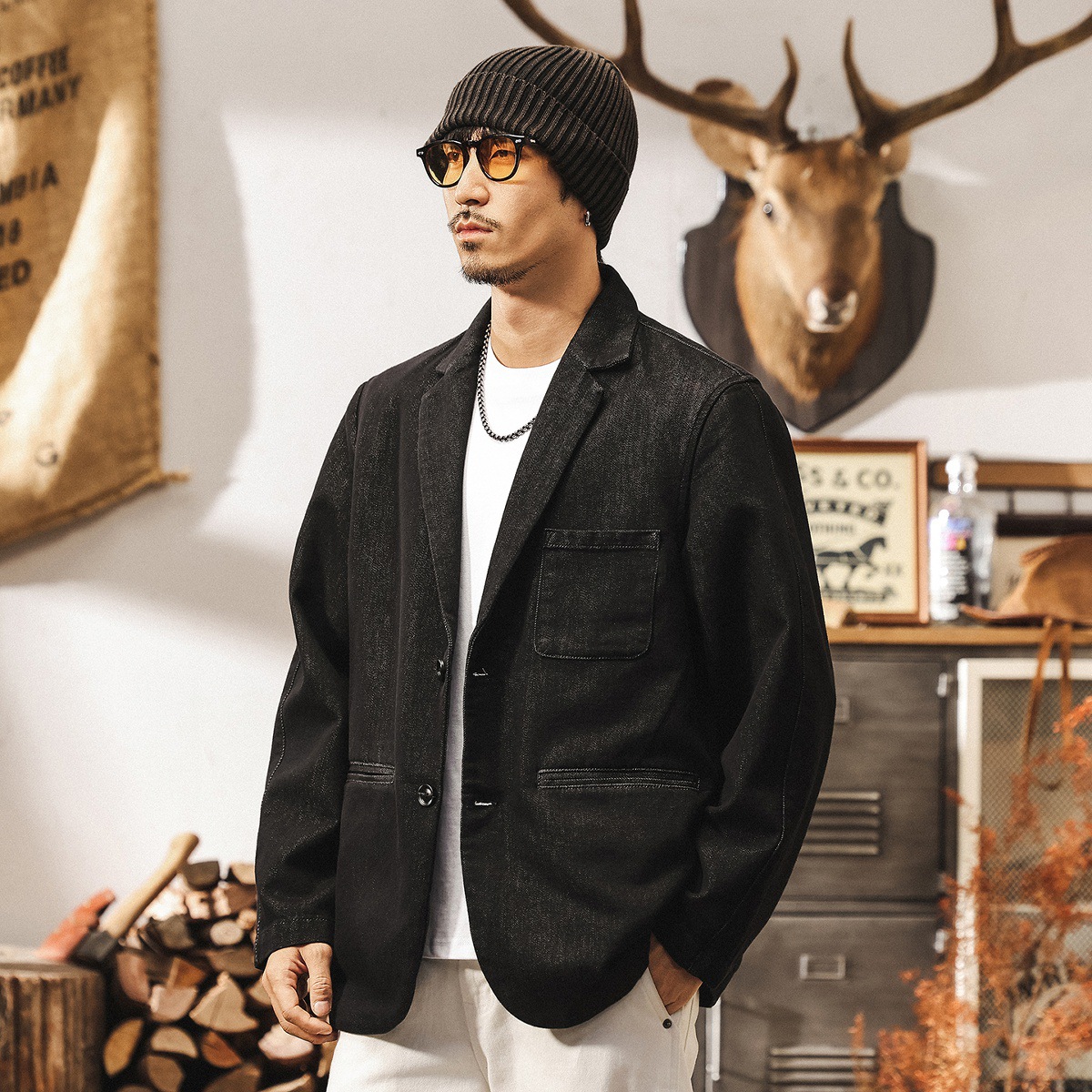 美式復古丹寧水洗西裝夾克牛仔外套男春秋輕熟通勤寬鬆休閒西服男