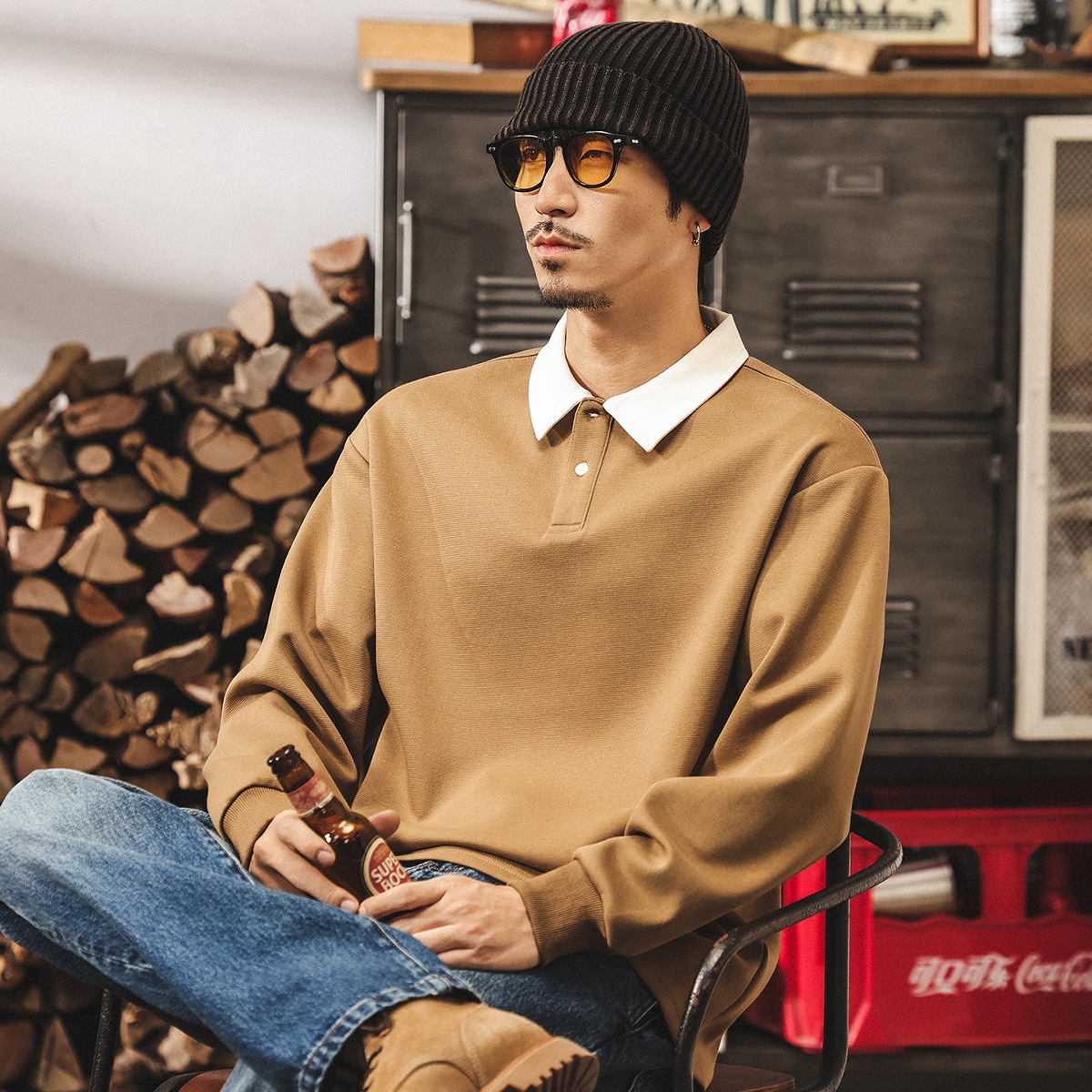 美式復古假兩件襯衫領衛衣男春秋新款寬鬆長袖Polo衫秋季男士上衣