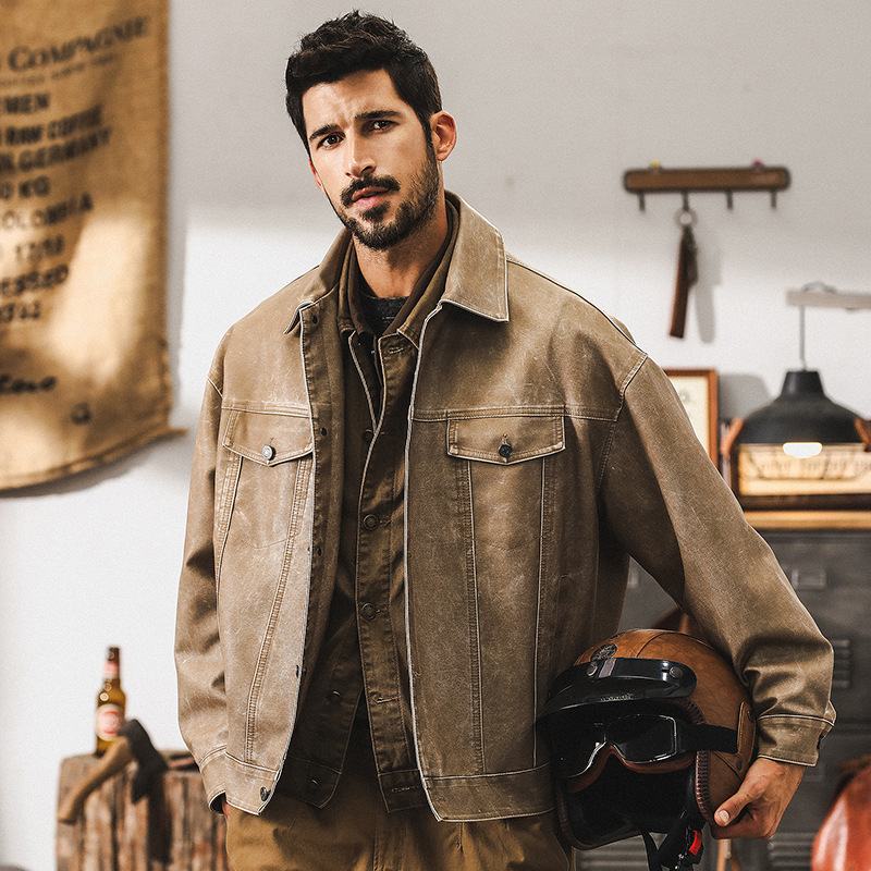 美式復古機車皮衣外套男春秋2025新款阿美咔嘰硬漢獵裝皮夾克春季