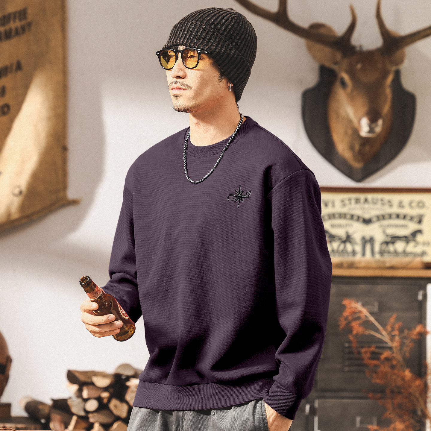 美式復古重磅衛衣男春秋2025新款刺繡潮牌長袖t恤男寬鬆大碼上衣T