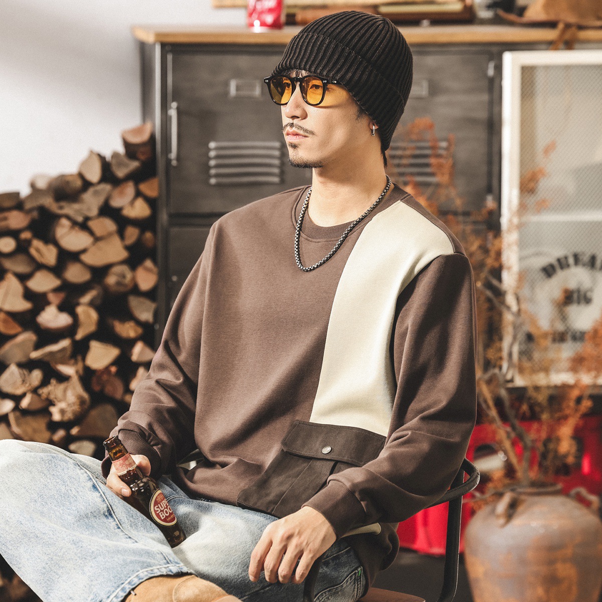 美式复古重磅卫衣男春秋新款潮牌撞色拼接口袋外套男秋季宽松上衣