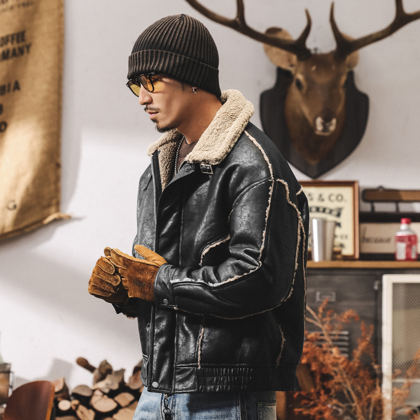 美式復古座山雕加絨皮衣外套男士棉服冬季潮牌機車皮毛一體棉衣男