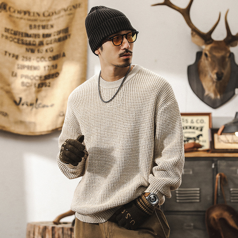 美式復古760g重磅粗針毛衣男冬季厚實寬鬆簡約百搭線衫休閒針織衫