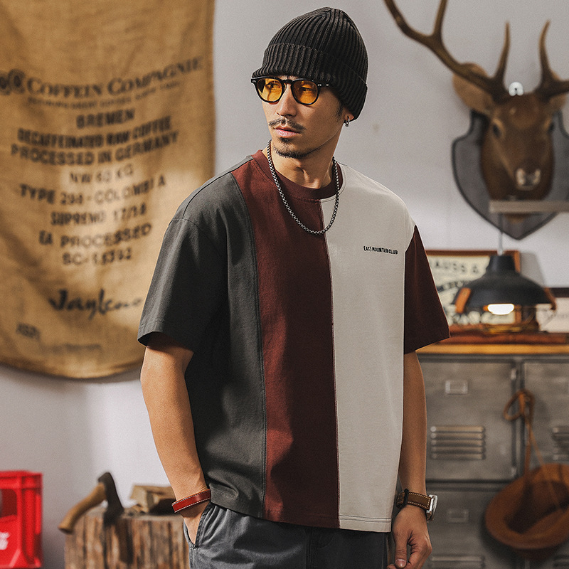 拼接撞色設計短袖男夏季2025新款美式復古250g重磅T恤男上衣