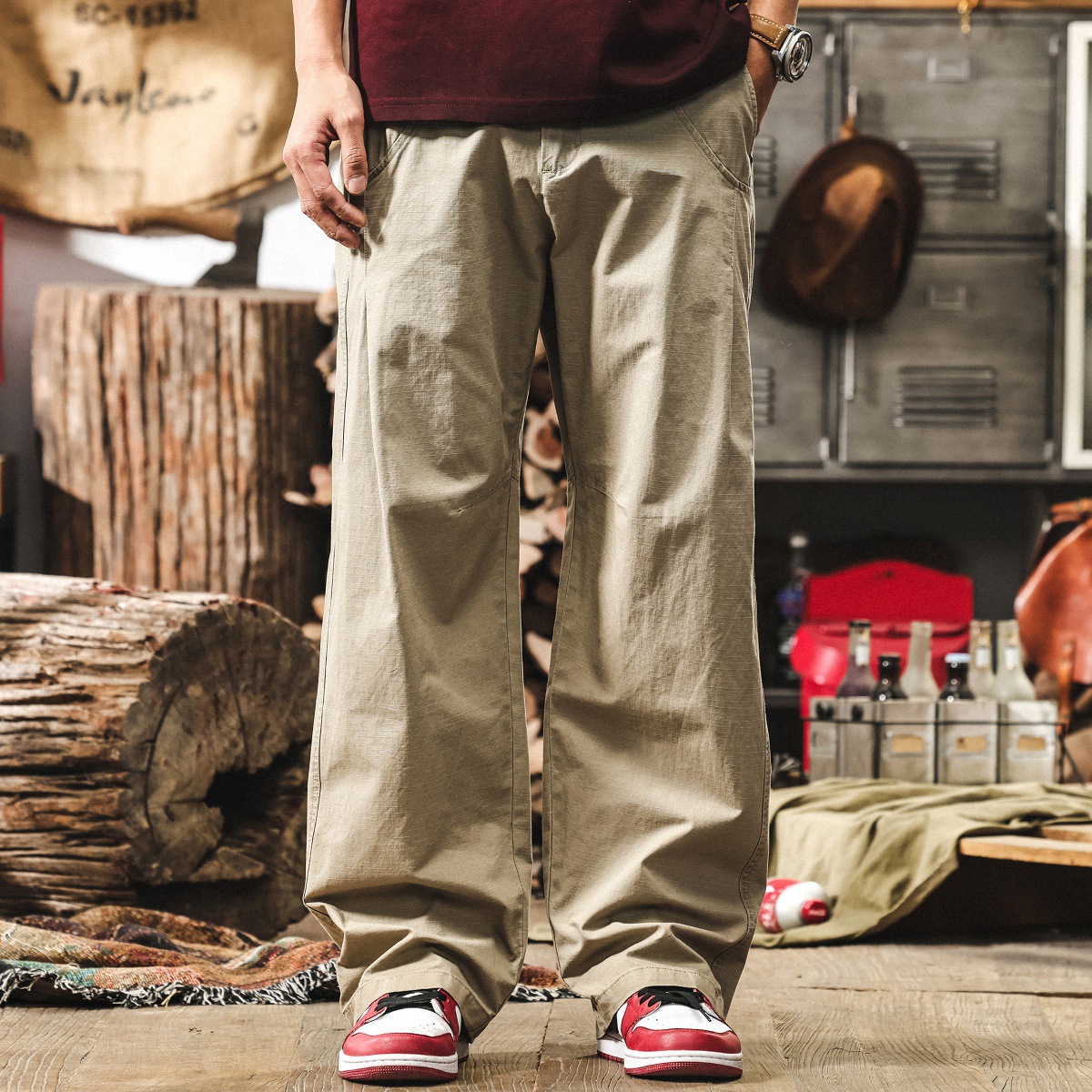 美式卡其色休閒褲男士2025新款寬鬆闊腿簡約長褲日系復古直筒褲子