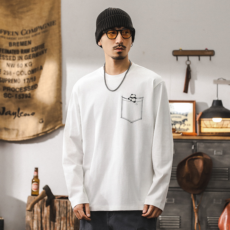 美式潮牌重磅T恤男長袖秋季寬鬆萌趣熊貓印花上衣簡約打底衫