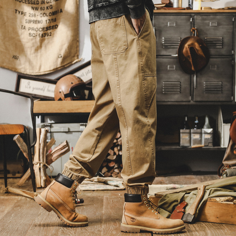 美式復古休閒褲男秋季潮牌寬鬆大碼束腳褲戶外工裝男士卡其色褲子