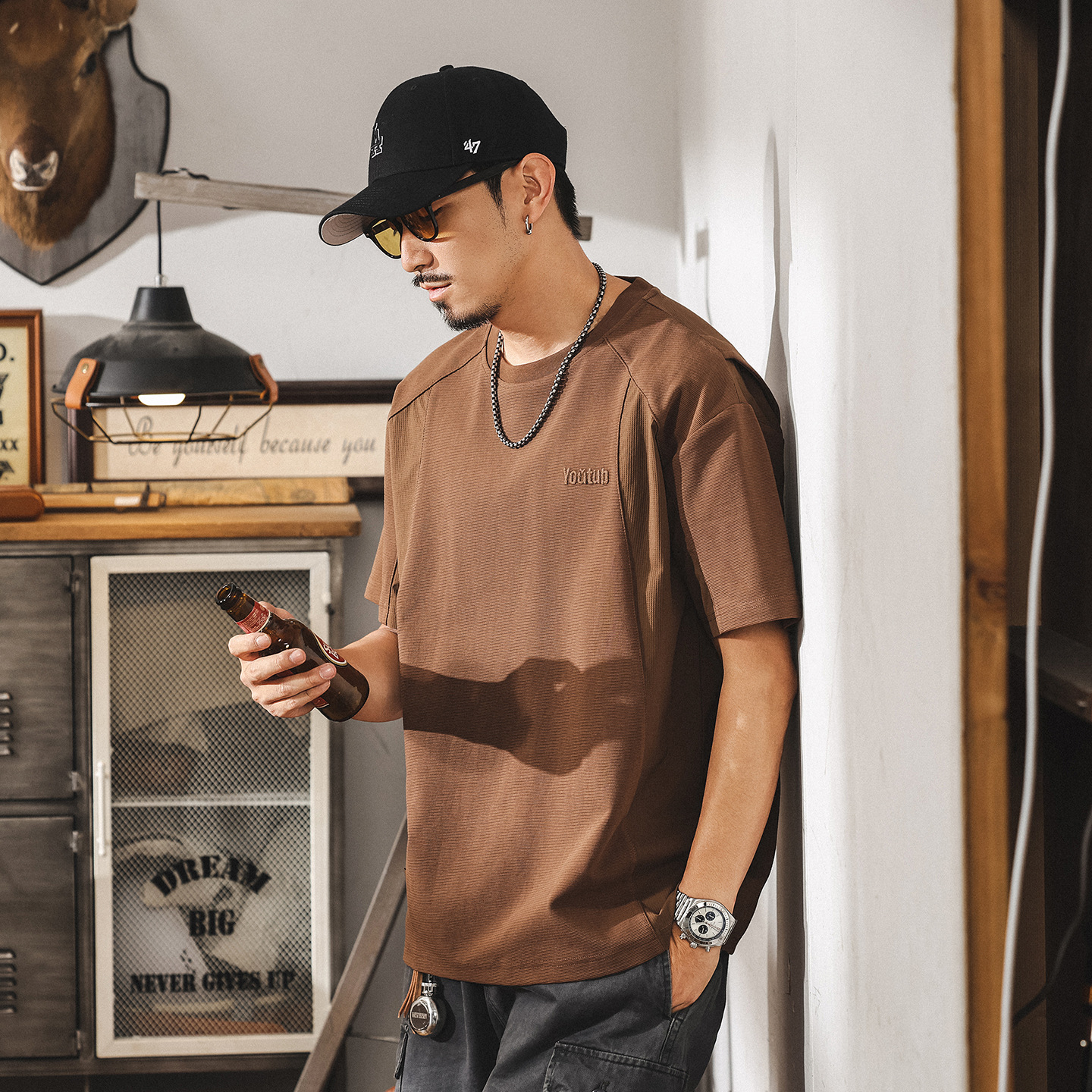 美式復古重磅T恤男夏季新款男士短袖2025寬鬆潮牌拼接半袖上衣男T