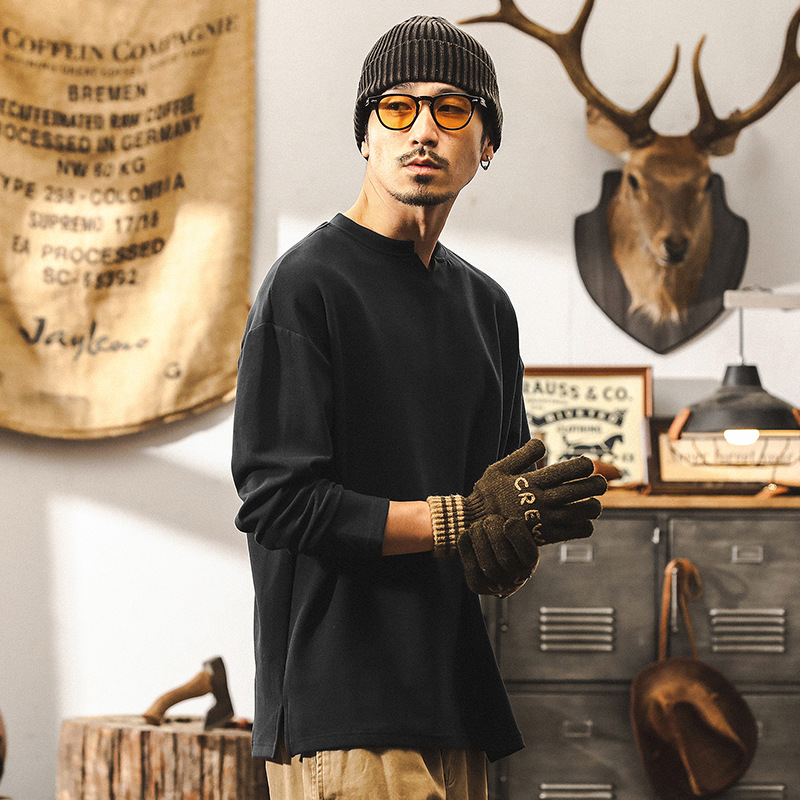 萊賽爾抗皺絲滑質感長袖T恤男秋季美式復古重磅內搭保暖打底衫男