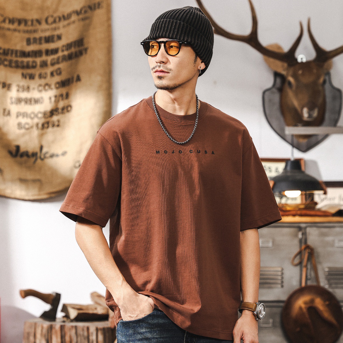 美式復古32支雙紗短袖T恤男夏季潮流簡約膠漿印花休閒上衣男