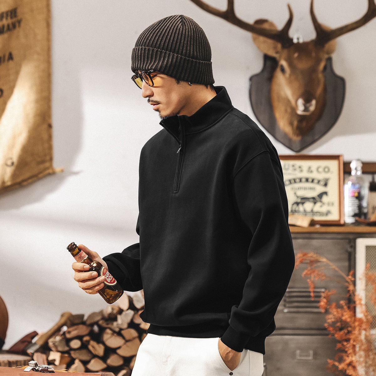 美式復古半拉鍊套頭衛衣男春秋新款立領兔兔絨潮牌寬鬆秋季上衣男