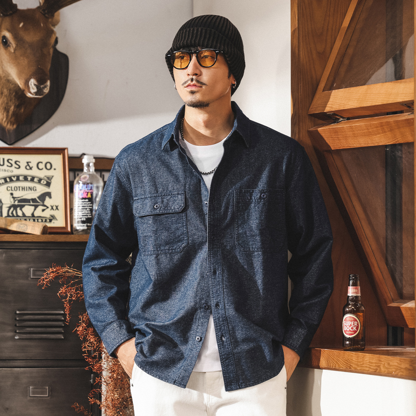 美式復古男士長袖襯衫春秋2025新款工裝寬鬆休閒襯衣秋季純棉外套