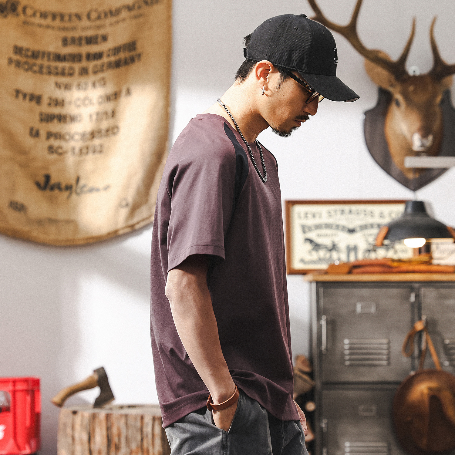 美式復古拼色短袖T恤男夏季2025新款潮牌寬鬆潮流紫色多巴胺上衣