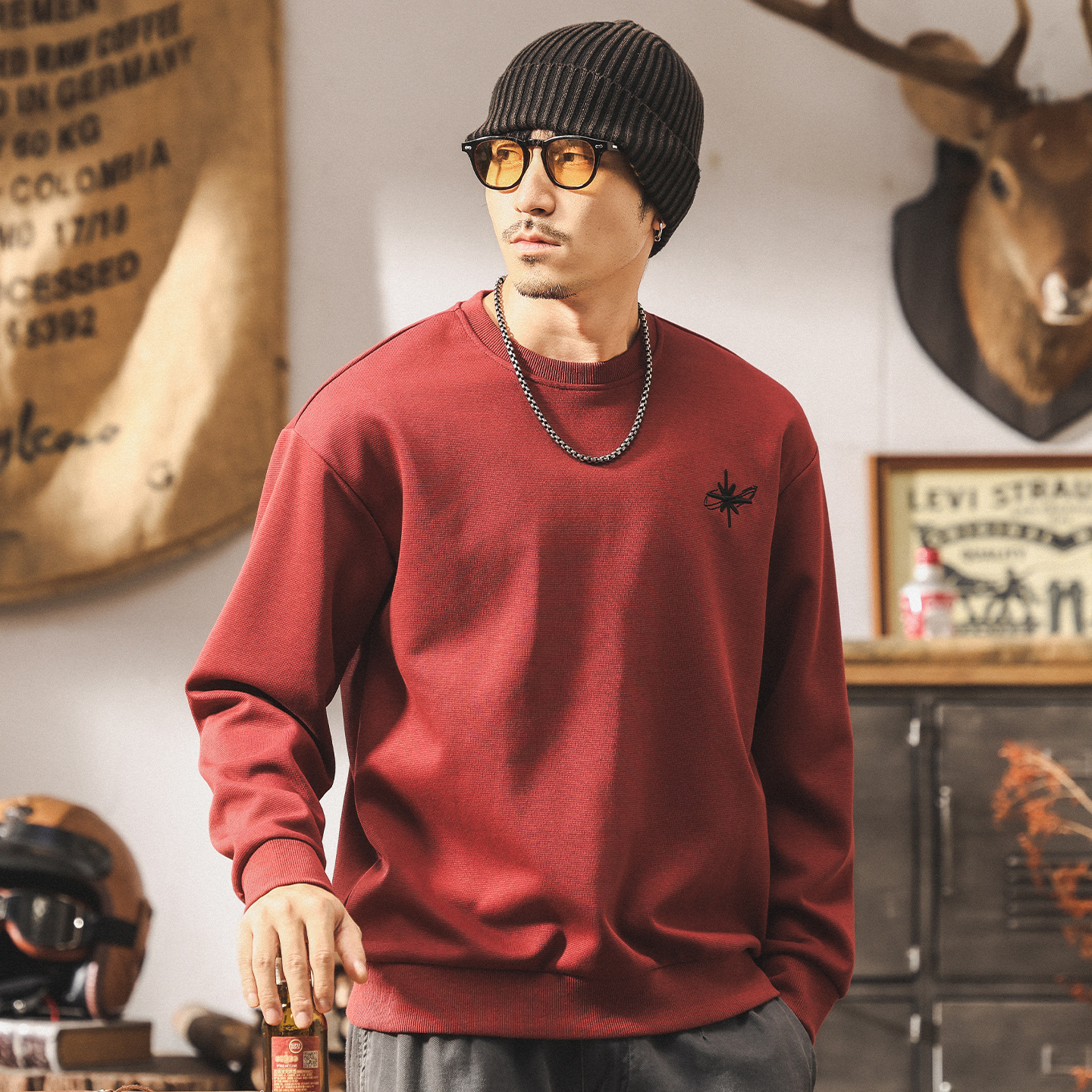 美式復古重磅衛衣男春秋2025新款刺繡潮牌長袖t恤男寬鬆大碼上衣T