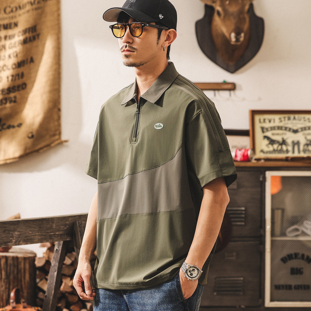 山系戶外美式復古短袖Polo衫男夏季薄款潮牌寬鬆T恤男半拉鍊上衣T