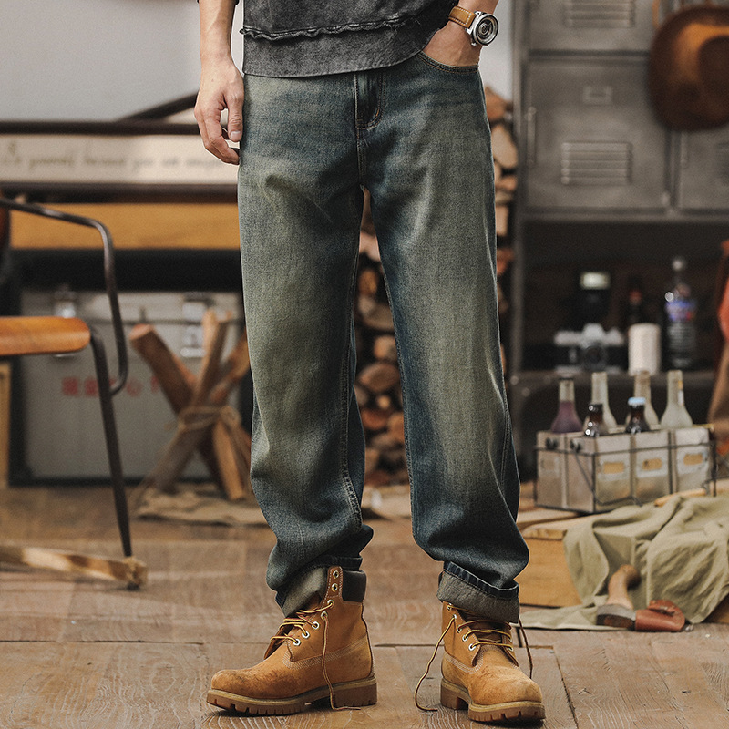 杰雷諾萊賽爾牛仔褲男直筒高端潮牌寬鬆闊腿褲復古水洗男士休閒褲