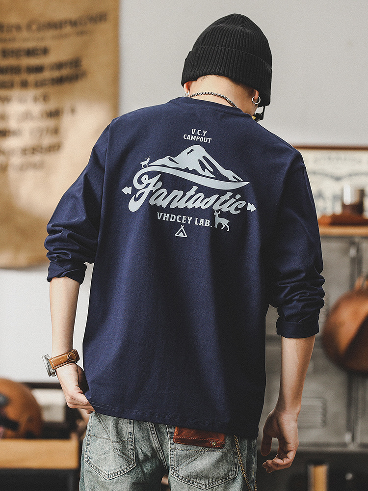 美式260g重磅長袖T恤男士2024新款戶外山系印花衣服男士上衣