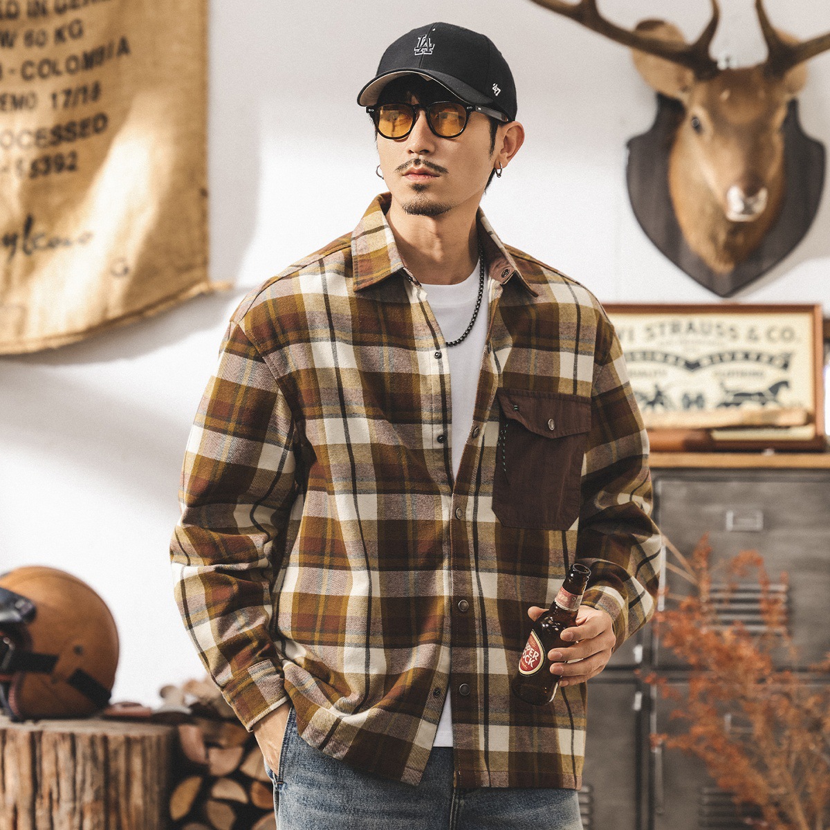 美式重磅復古格子襯衫男長袖秋季磨毛寬鬆潮牌工裝襯衣外套男春秋