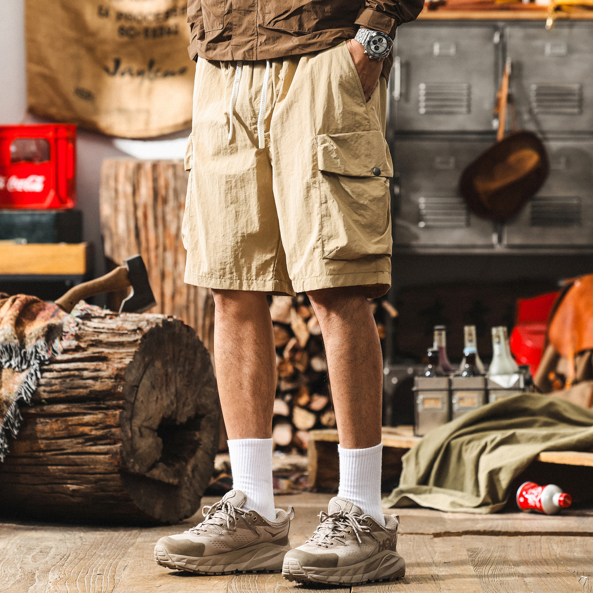 美式復古輕薄涼感速幹工裝短褲男款夏季薄款卡其色休閒寬鬆五分褲