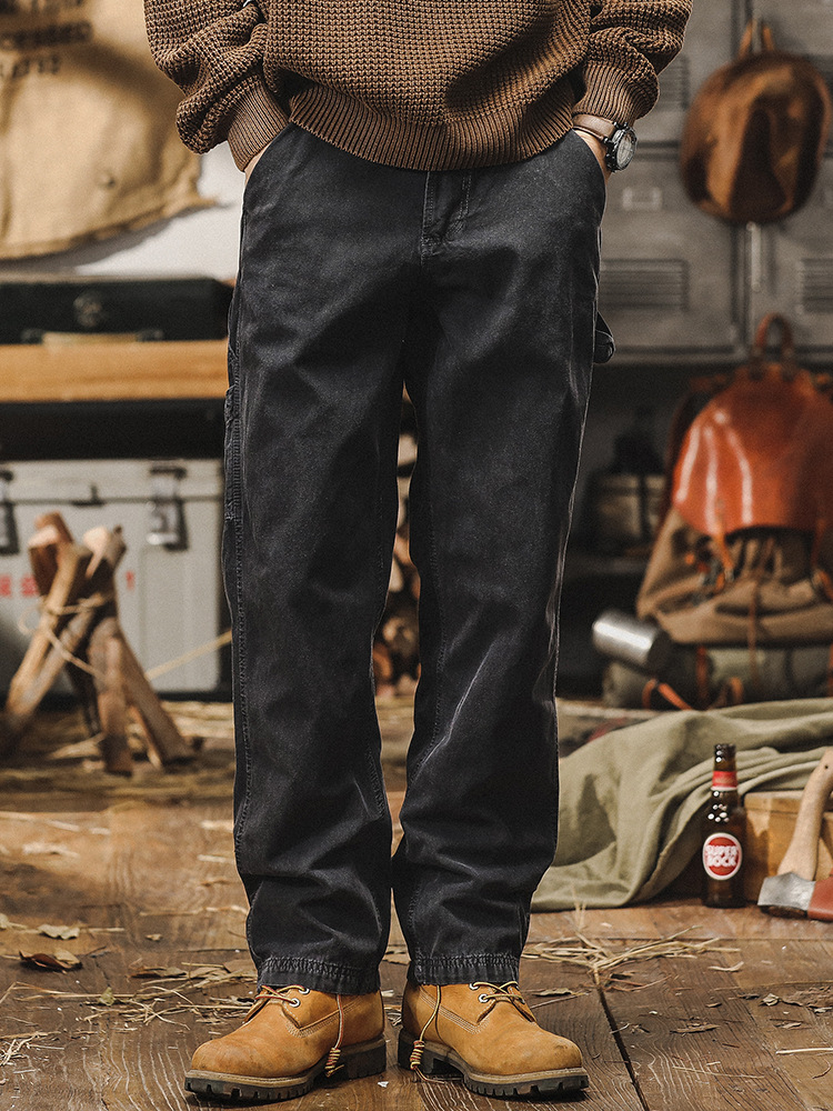 美式經典黑色工裝褲子男寬鬆直筒2024新款潮牌水洗做舊百搭休閒褲