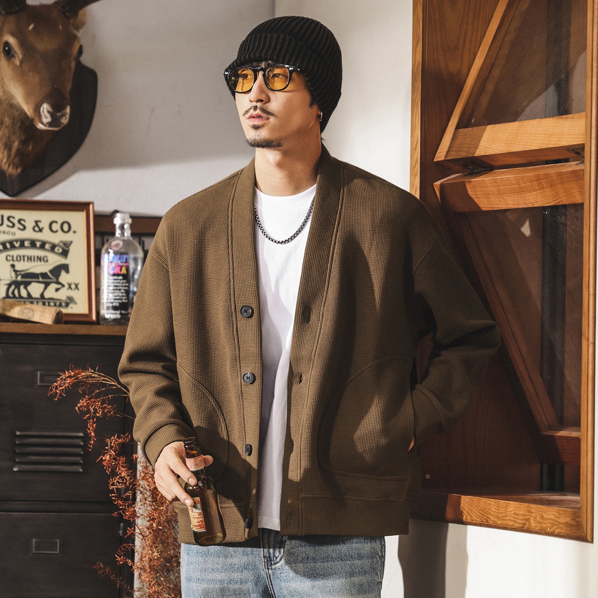 美式復古華夫格開衫外套男春秋慵懶風重磅衛衣寬鬆休閒外套男秋冬