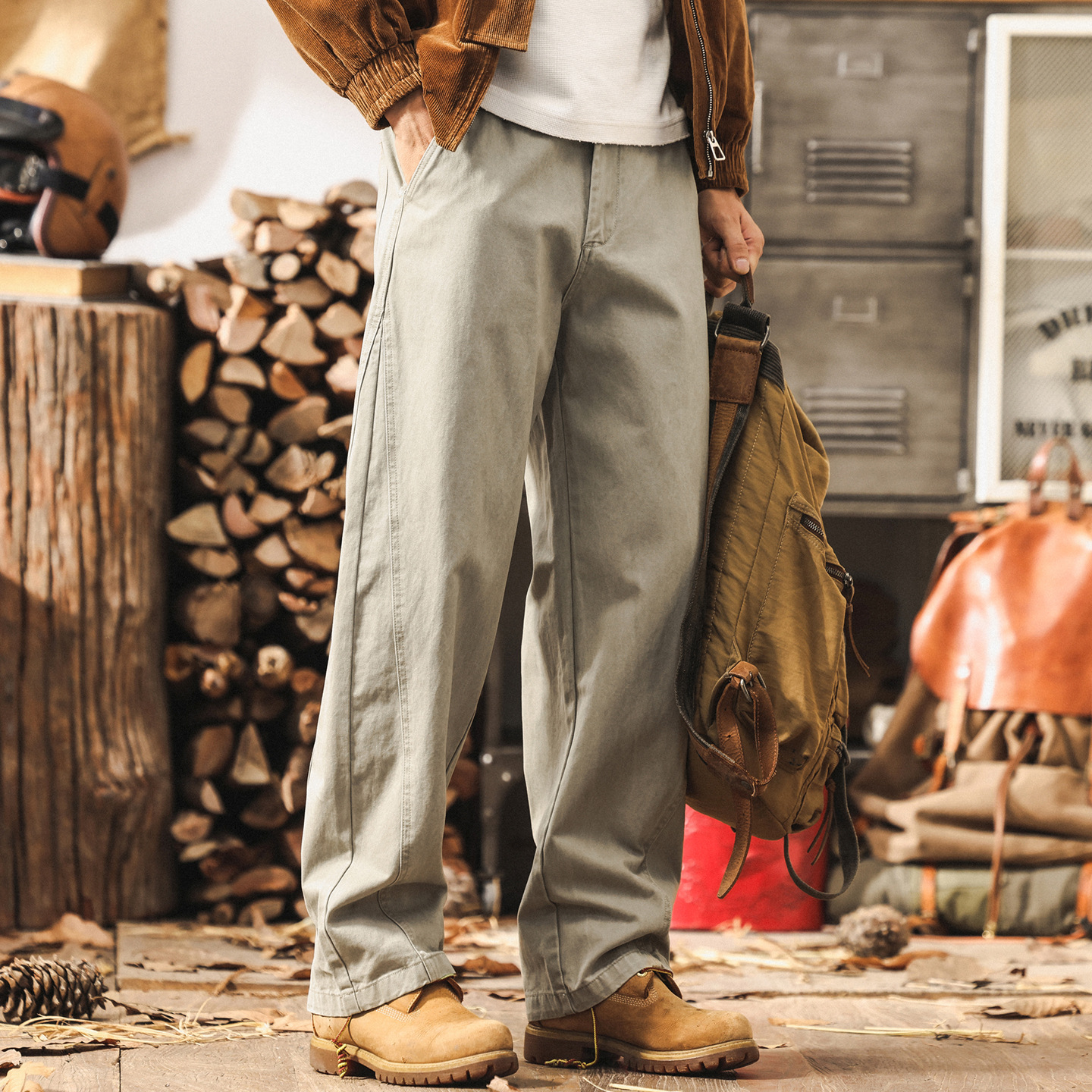 美式復古淺灰色工裝褲子男2025新款春秋闊腿長褲男寬鬆直筒休閒褲