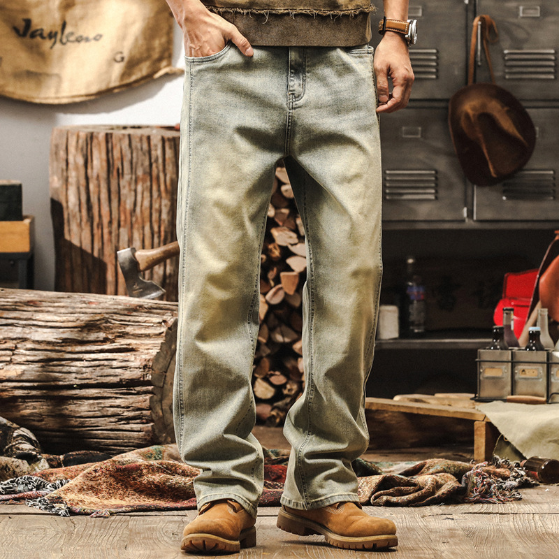 美式經典復古黃泥染牛仔褲男秋季新款潮牌高街寬鬆直筒休閒長褲男