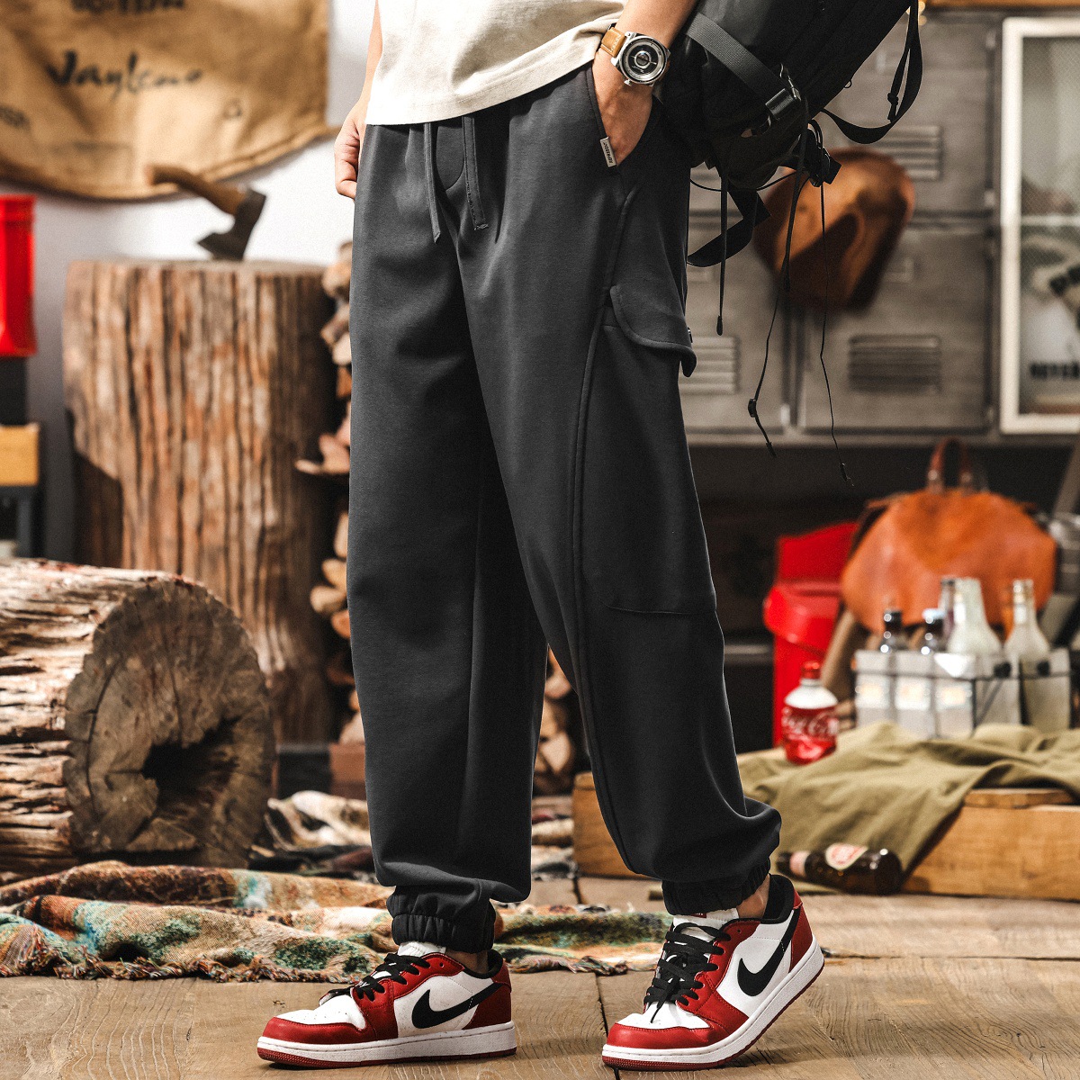 美式復古工裝褲子男夏季運動休閒褲潮牌寬鬆哈倫束腳針織男士衛褲