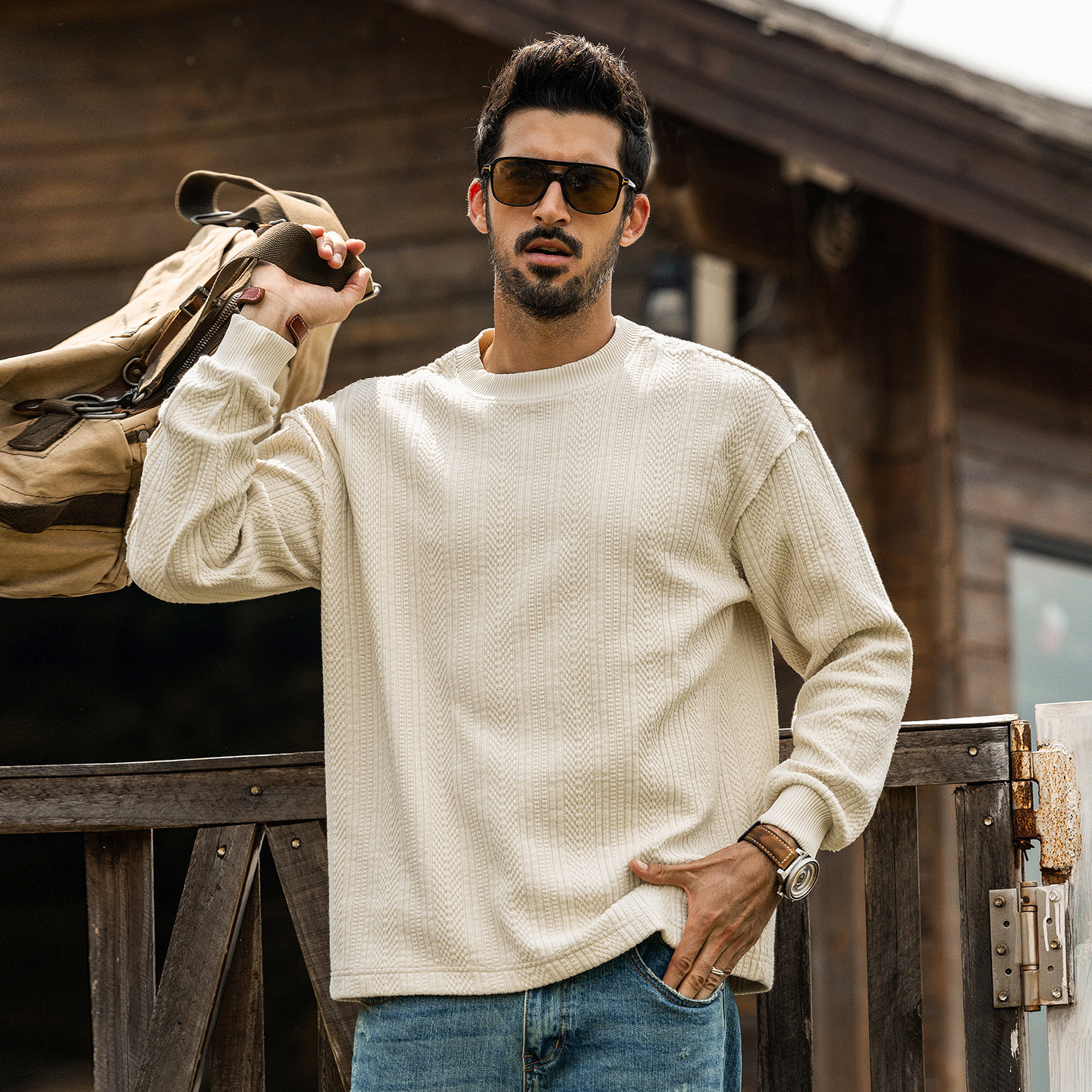 美式復古長袖T恤男春季新款慵懶風針織提花衛衣男士重磅寬鬆上衣