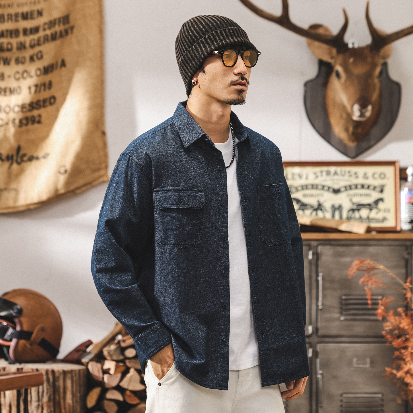 美式復古男士長袖襯衫春秋2025新款工裝寬鬆休閒襯衣秋季純棉外套