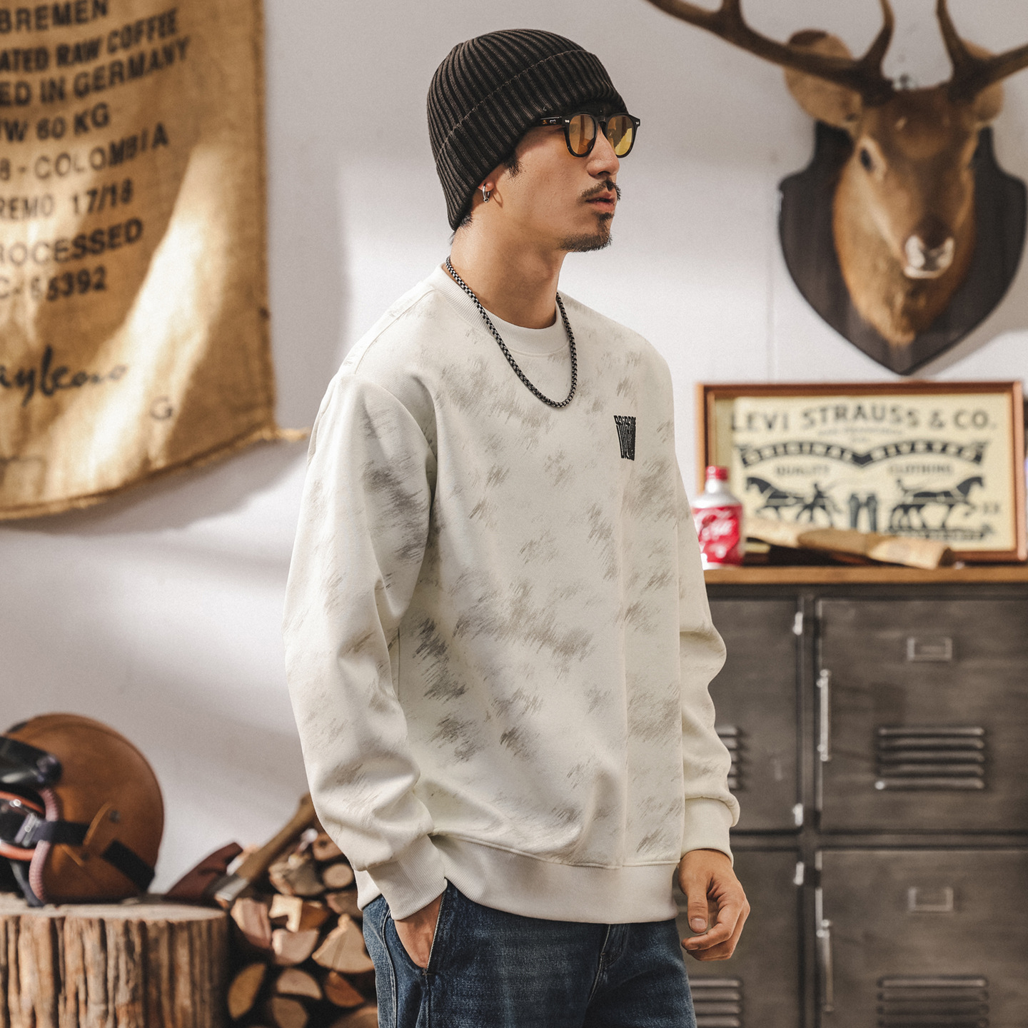 美式復古重磅圓領衛衣男春秋2025新款潮牌百搭寬鬆大碼休閒上衣男