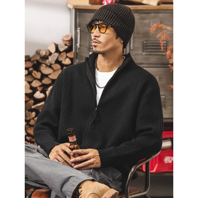 美式復古黑色開衫毛衣外套男春秋寬鬆立領慵懶風針織衫上衣男秋冬