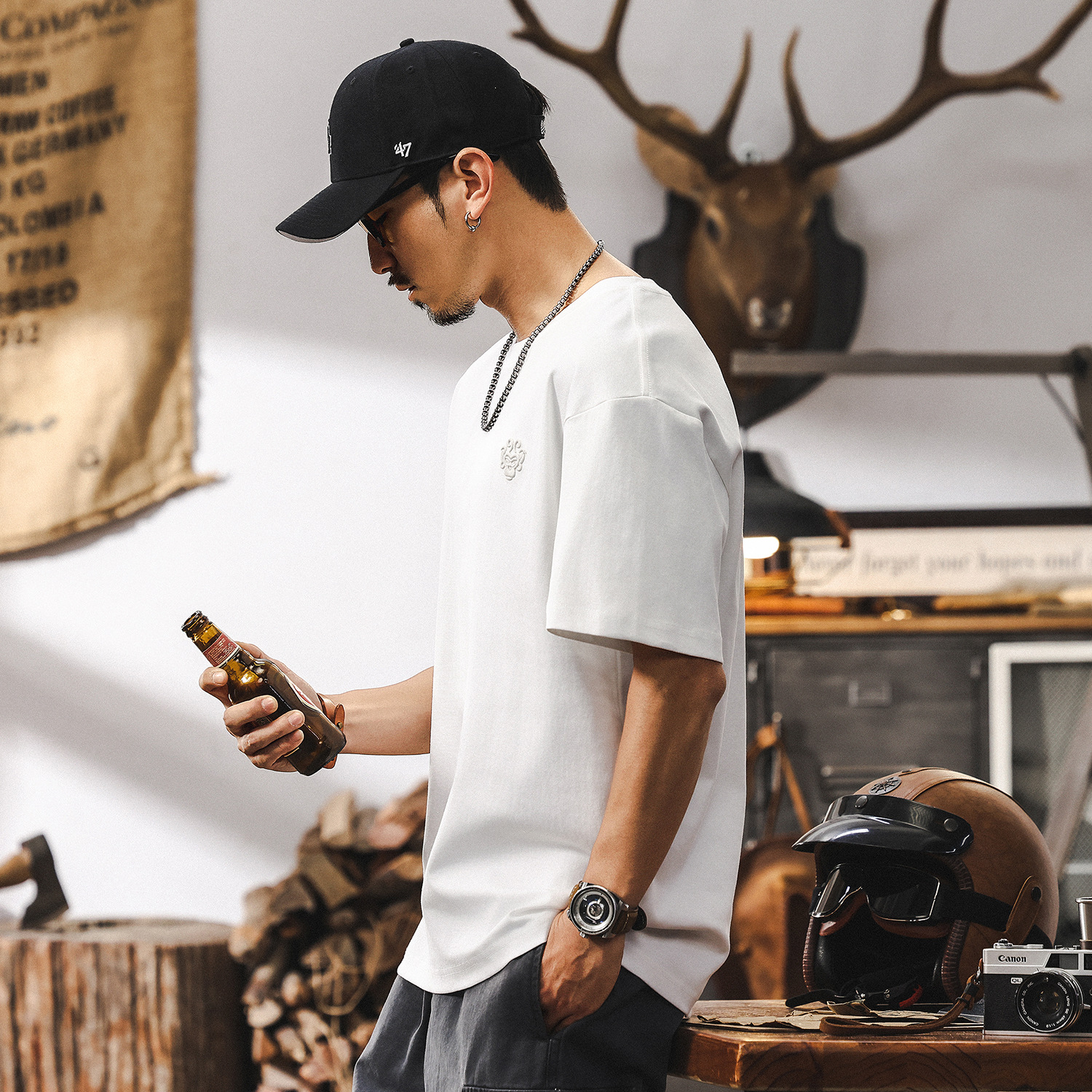 美式復古悟空刺繡短袖T恤夏季男裝2025新款潮牌寬鬆簡約男士上衣