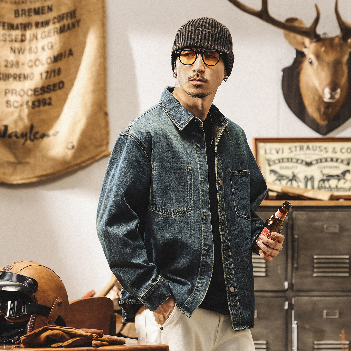 美式復古牛仔襯衫男長袖2025春秋新款寬鬆休閒襯衣秋季潮牌外套男