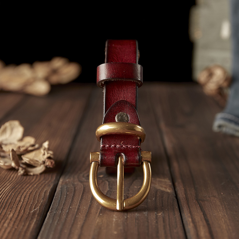 手工女士皮帶真皮純銅針扣細款高級感時尚純牛皮腰帶復古牛仔褲帶