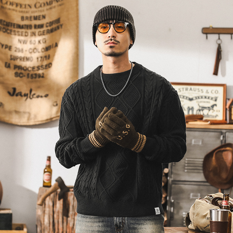 美式重磅復古毛衣男冬季加厚慵懶風潮牌寬鬆大碼扭花粗線針織衫男