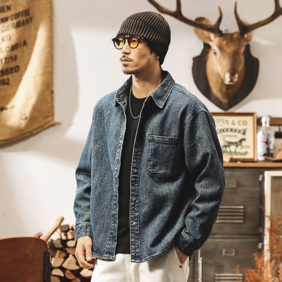 美式復古提花條紋牛仔外套男春秋新款襯衫男長袖潮牌寬鬆休閒襯衣