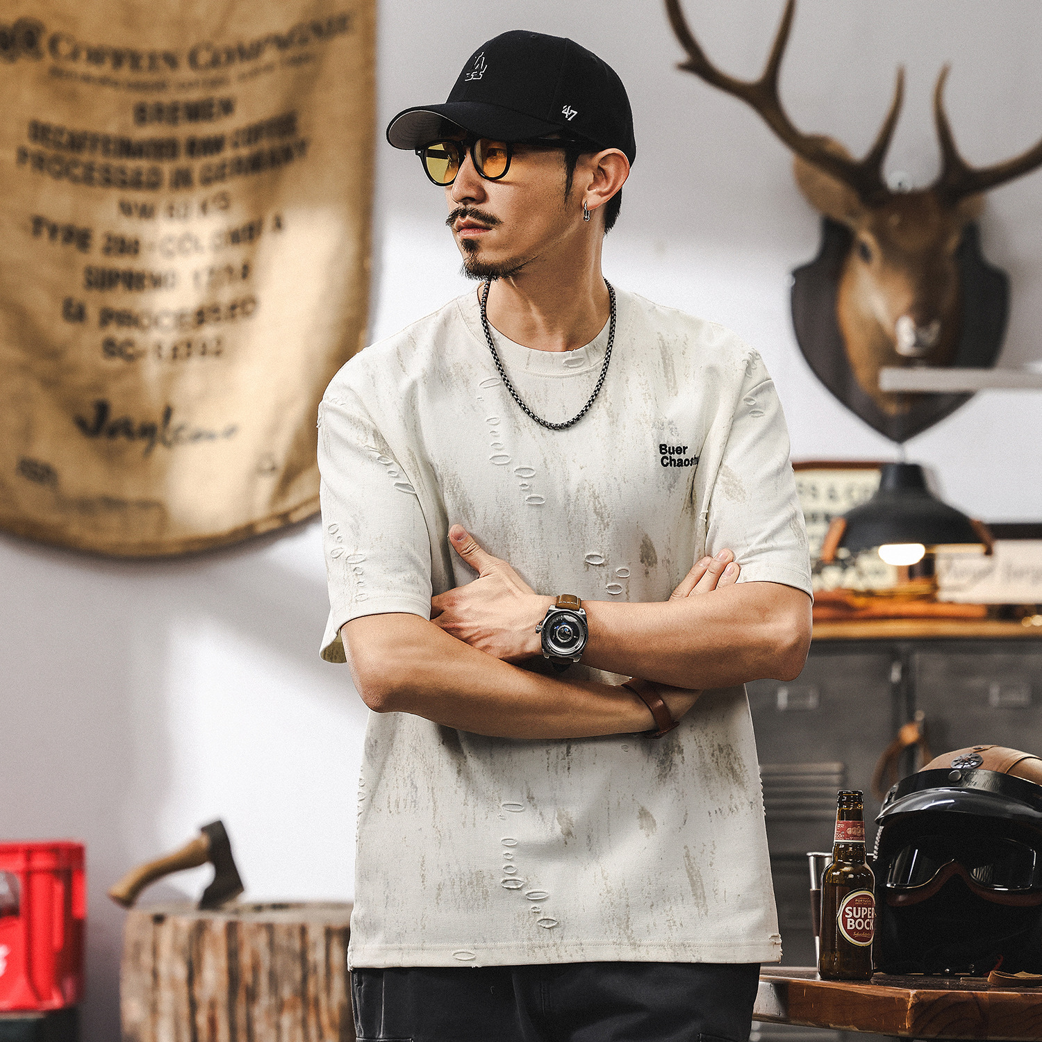 輕奢雲染水洗美式高街短袖T恤男夏季潮流設計感提花男士半袖上衣T