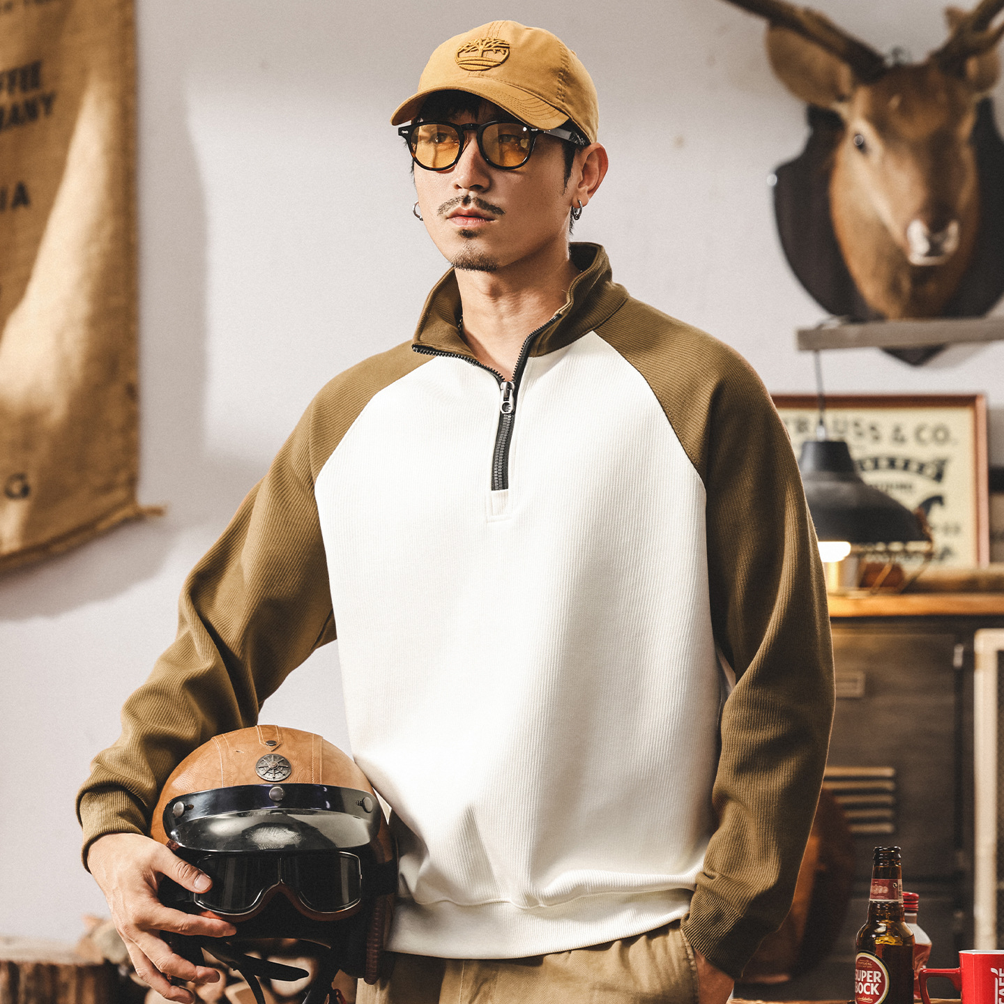 美式復古重磅半拉鍊衛衣男春秋新款潮流撞色立領寬鬆休閒男士上衣