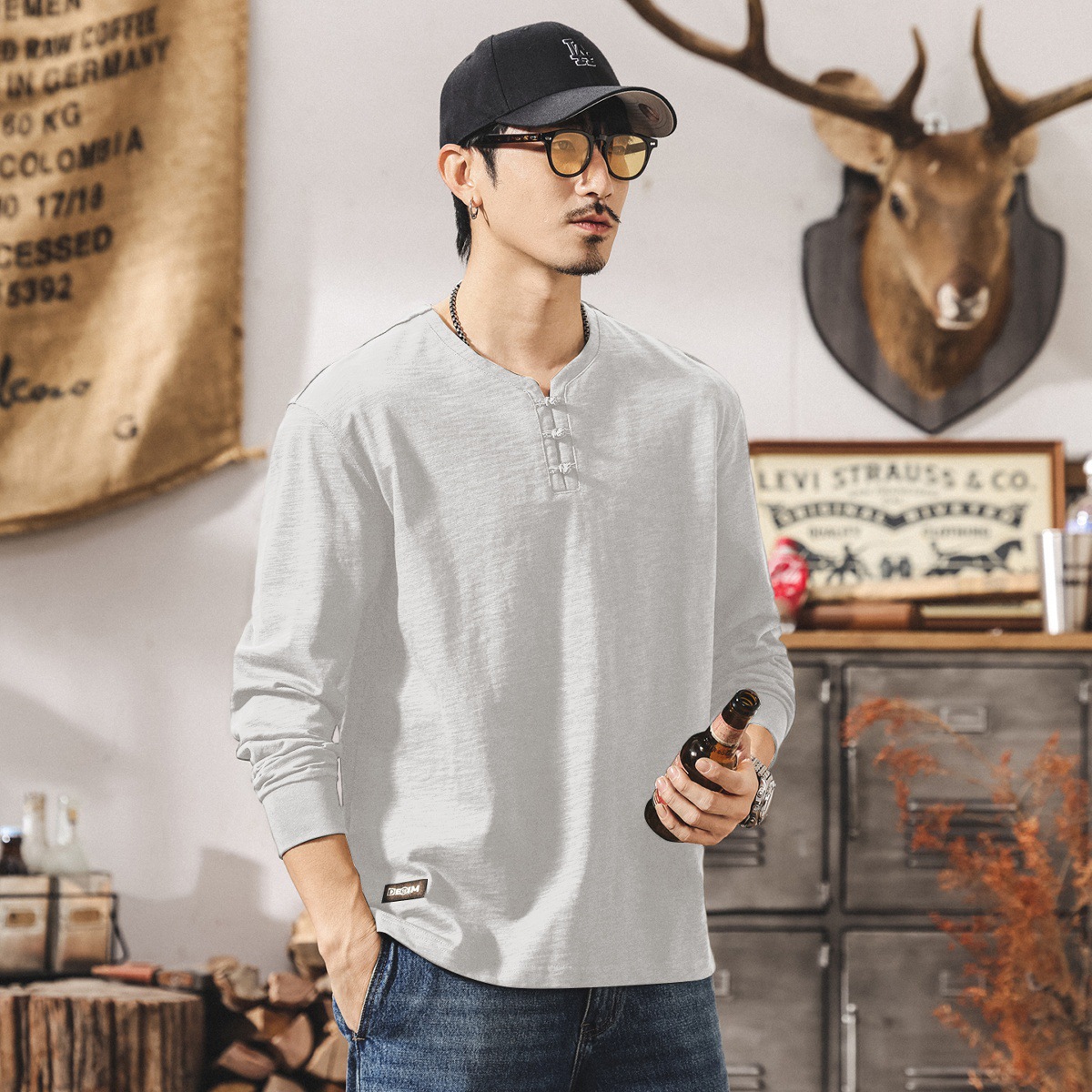 中式古風復古竹節棉t恤男長袖春秋新款潮牌寬鬆亨利領男士Polo衫