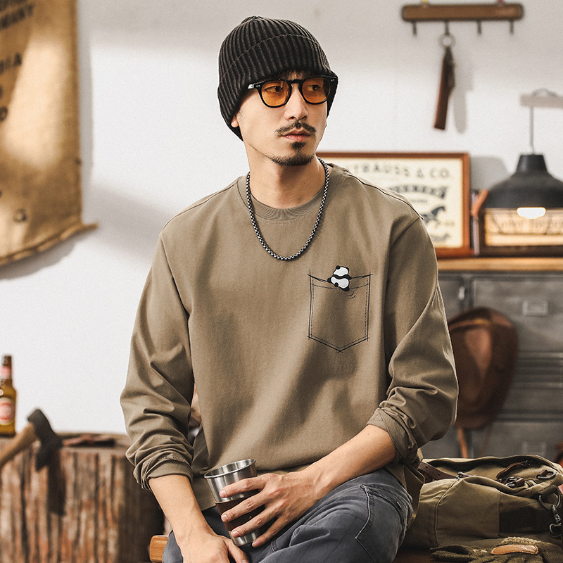 美式復古重磅長袖T恤男秋季潮牌寬鬆趣味印花體恤男士卡其色上衣