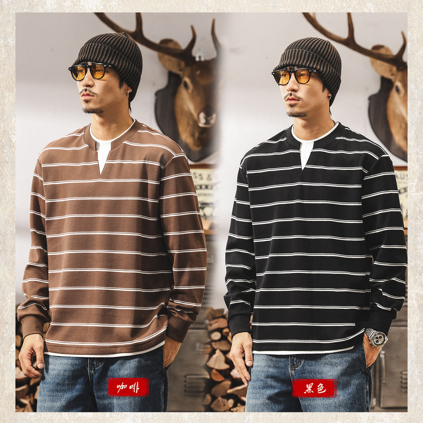 美式復古重磅條紋假兩件衛衣男秋季2025新款潮牌寬鬆休閒長袖上衣