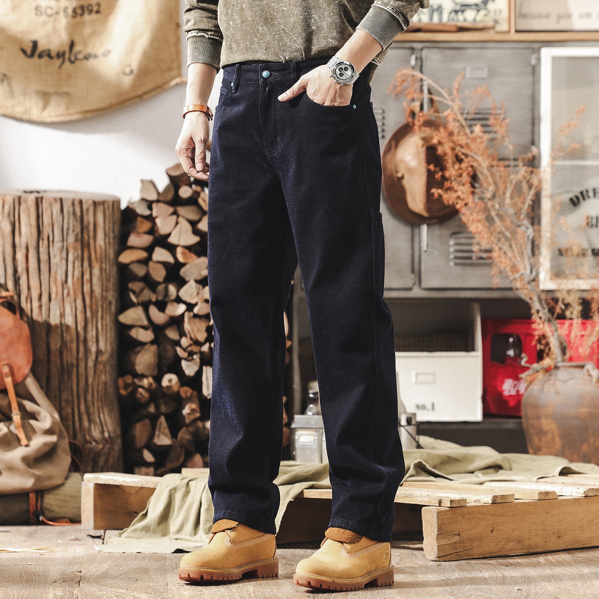 美式復古重磅雪尼爾褲子男冬季厚款潮牌牛仔褲男士寬鬆直筒休閒褲