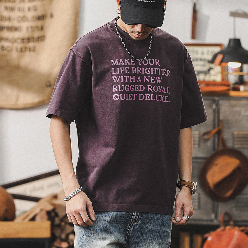 300g重磅T恤男短袖夏季美式復古水洗上衣寬鬆多巴胺紫色體恤