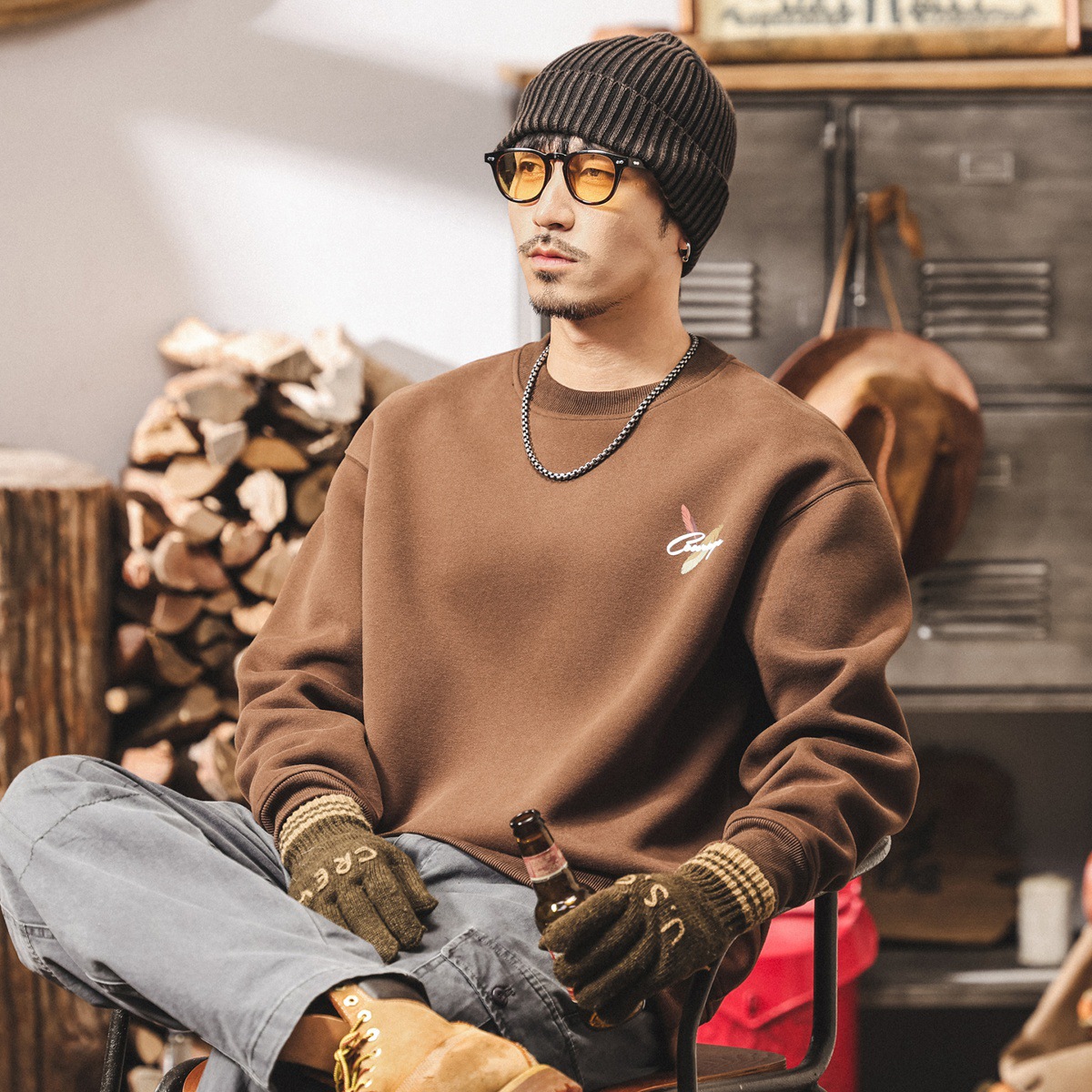 美式復古420g重磅衛衣男春秋新款圓領長袖寬鬆休閒潮流印花上衣男