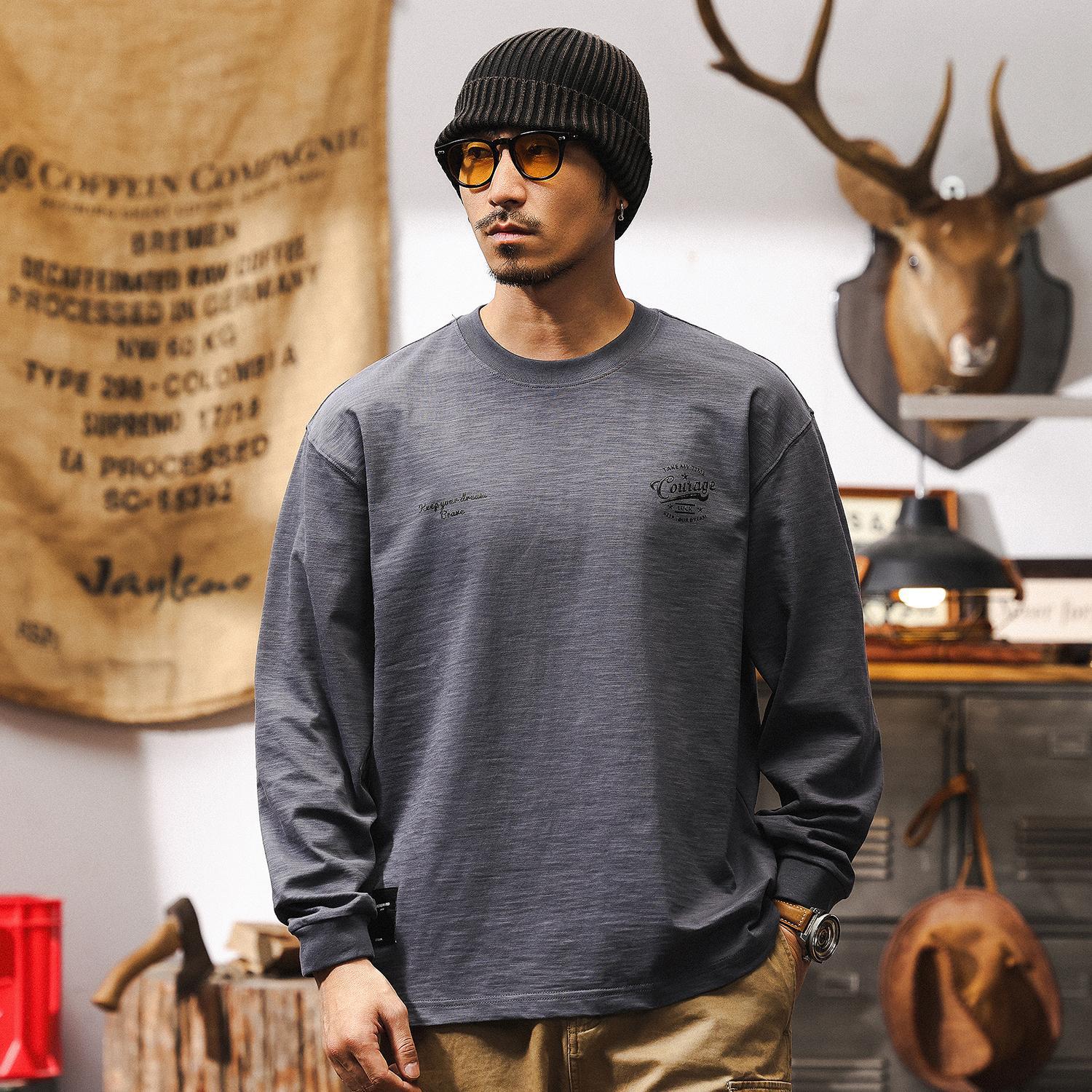 竹節棉長袖T恤男春季寬鬆2025新款美式復古潮牌寬鬆簡約休閒上衣